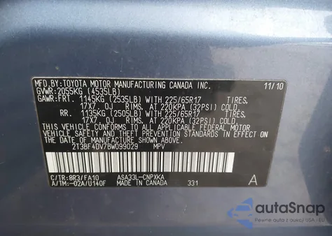 2011 Toyota Rav4 from USA, damaged, VIN 2T3BF4DV7BW099029